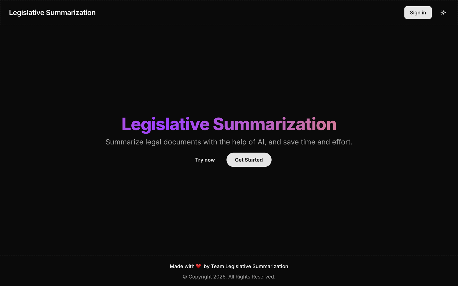 Landing page, dark theme